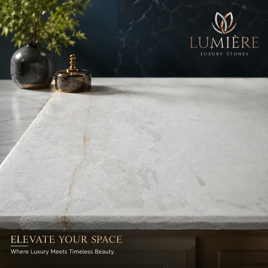 A pale, lightly veined stone countertop lit from the left, with a dark glass vase of greenery and a small lidded stone jar at the back, against a dark marbled wall.