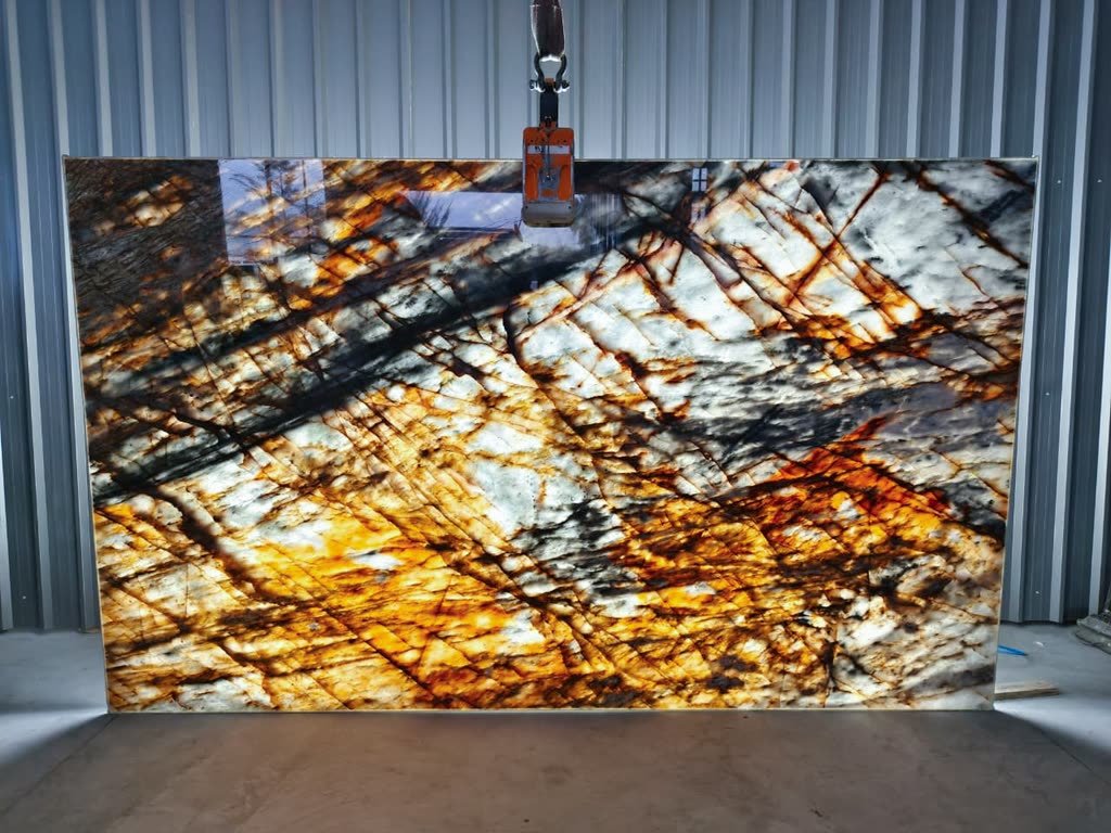 Nebula Crystal — the slab lit from behind so the translucency and vein structure read through the stone.