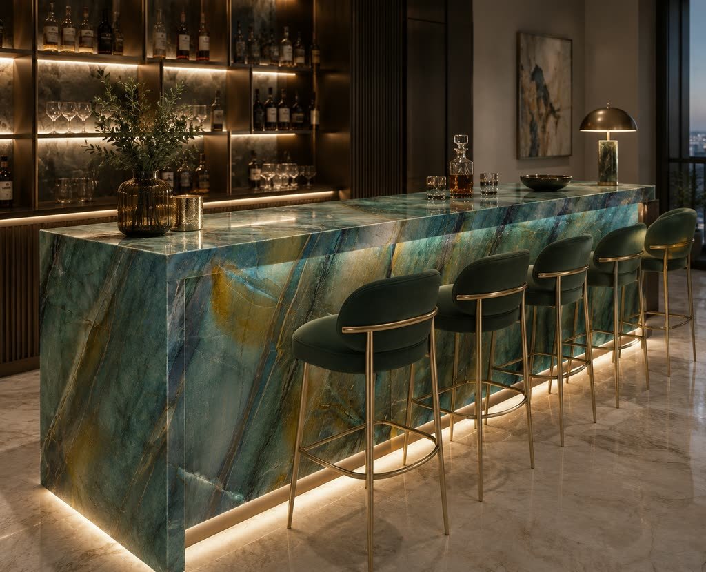 Visualisation of a bar with a teal and gold stone counter with a waterfall edge and backlit shelving.